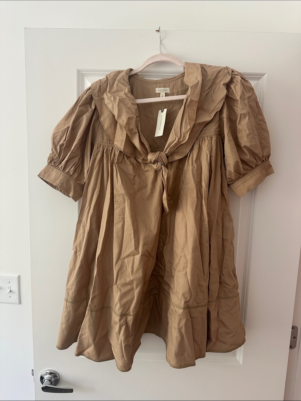 Anthropologie Pilcro short-sleeve Bow-Front Tunic Mini Tan Dress
